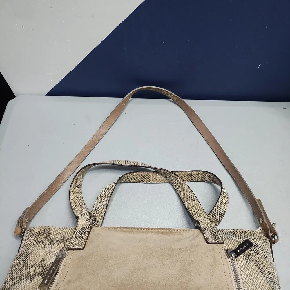 Michael Kors Shoulder Bag Womens Brown Snakeskin Print Suede Leather Zip Closure